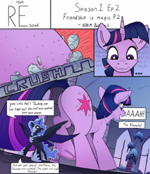 Size: 2000x2318 | Tagged: safe, artist:tsitra360, derpibooru import, nightmare moon, twilight sparkle, unicorn twilight, alicorn, pony, unicorn, comic:resized, butt, cutie mark, dialogue, giant pony, macro, plot, ruins, speech bubble