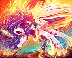 Size: 4500x3600 | Tagged: safe, artist:jadedjynx, derpibooru import, princess celestia, alicorn, pony, angry, badass, color porn, eyestrain warning, fanfic art, female, fire, frown, furious, glowing, glowing eyes, gritted teeth, high res, jewelry, magic, mare, regalia, solo, spread wings, teeth, wings
