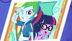 Size: 1920x1080 | Tagged: safe, derpibooru import, screencap, rainbow dash, sci-twi, twilight sparkle, better together, equestria girls, rollercoaster of friendship, duo, female, geode of super speed, geode of telekinesis, magical geodes, one eye closed, wink