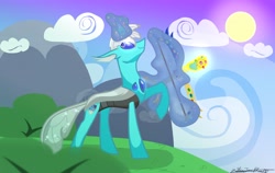 Size: 4096x2585 | Tagged: safe, artist:stacey lightning dash, derpibooru import, oc, changeling, background, changeling oc, clothes, cloud, commission, magic, magic aura, male, mountain, raised hoof, raised leg, see-through, sky