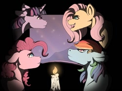 Size: 512x384 | Tagged: safe, artist:binibean, derpibooru import, applejack, fluttershy, rainbow dash, twilight sparkle, earth pony, pegasus, pony, unicorn, over a barrel, candle, female, i'd like to be a tree, mare, scene interpretation