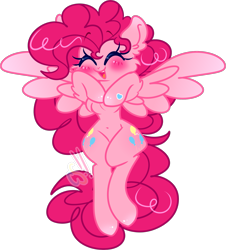 Size: 1773x1960 | Tagged: safe, artist:computershits, derpibooru import, pinkie pie, pegasus, belly button, blushing, both cutie marks, chest fluff, ear fluff, ears, eyes closed, female, flying, hoof heart, hooves to the chest, lightly watermarked, open mouth, pegasus pinkie pie, race swap, shiny hoof, shiny mane, simple background, smiling, solo, spread wings, transparent background, watermark, wings