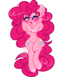 Size: 1773x1960 | Tagged: safe, artist:computershits, derpibooru import, pinkie pie, earth pony, belly button, blushing, both cutie marks, chest fluff, ear fluff, ears, eyes closed, female, floating, flying, hoof heart, hooves to the chest, lightly watermarked, open mouth, shiny hoof, shiny mane, simple background, smiling, solo, transparent background, watermark
