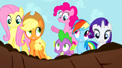 Size: 1920x1080 | Tagged: safe, derpibooru import, screencap, applejack, fluttershy, pinkie pie, rainbow dash, rarity, spike, dragon, earth pony, pegasus, pony, unicorn, princess twilight sparkle (episode), season 4, female, male, mane five, mare, o mouth