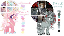 Size: 1280x728 | Tagged: safe, artist:mint-light, artist:vernorexia, derpibooru import, oc, bat pony, earth pony, pegasus, pony, adoptable, adoptable open, aesthetics, bandaid, bandaid on nose, base used, blushing, candy, candy necklace, color palette, colored hooves, cracked, duo, fangs, flower, flower in hair, food, for sale, goth, gradient mane, gray coat, gray mane, green eyes, hairclip, jewelry, letter, love letter, moodboard, necklace, pigtails, pink mane, purple eyes, reference sheet, rose, spread wings, sprinkles, thorn, vine, wings