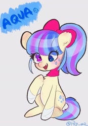 Size: 1423x2048 | Tagged: safe, artist:h2o_omz, artist:jellyfish_k_r_g, derpibooru import, oc, oc only, earth pony, pony, bandage, bow, choker, cross-eyed, derp, eye clipping through hair, female, gray background, hair bow, heterochromia, mare, raised hoof, raised leg, simple background, sitting, solo, torn ear