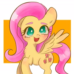 Size: 3024x3024 | Tagged: safe, artist:h2o_omz, artist:jellyfish_k_r_g, derpibooru import, fluttershy, pegasus, pony, female, mare, open mouth, open smile, simple background, smiling, solo, white background, wings