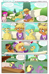 Size: 1536x2346 | Tagged: safe, artist:jeremy3, derpibooru import, ms. harshwhinny, spike, sunshower raindrops, oc, oc:valentine, dragon, earth pony, pegasus, pony, unicorn, comic:behind me, alternate universe, bench, clothes, comic, house, musical instrument, piano, ponyville