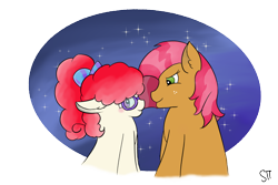 Size: 1800x1200 | Tagged: safe, artist:schumette14, derpibooru import, babs seed, twist, adult, babstwist, couple, female, lesbian, love, shipping, stars