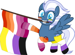 Size: 1229x908 | Tagged: safe, artist:yeetmedownthestairs, derpibooru import, night glider, pegasus, pony, clothes, commission, cute, face paint, flag, grin, lesbian pride flag, mouth hold, nonbinary, nonbinary pride flag, pride, pride flag, pride month, raised hoof, raised leg, simple background, smiling, socks, solo, striped socks, tattoo, transparent background, ych result