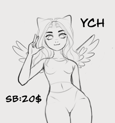 Size: 1207x1295 | Tagged: safe, artist:fenix-artist, derpibooru import, oc, oc only, anthro, pegasus, clothes, commission, female, lineart, monochrome, peace sign, pegasus oc, smiling, solo, your character here