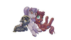 Size: 7680x4320 | Tagged: safe, artist:zlatdesign, oc, oc:cherry (fotw), oc:comet coma, oc:purpleflare, bat pony, earth pony, unicorn, ponybooru collab 2022, absurd resolution, amputee, belly button, cutie mark, ear piercing, earring, jewelry, looking at you, lying down, on back, piercing, ponytail, render, shading, simple background, sitting, smiling, smiling at you, transparent background, wingless