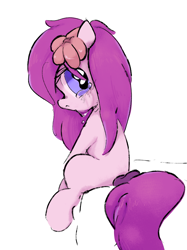 Size: 1895x2533 | Tagged: safe, artist:parfait, oc, oc only, oc:kayla, earth pony, pony, bed, crying, female, filly, flower, flower in hair, foal, sad, scrunchie, simple background, sitting, solo