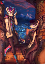 Size: 2480x3508 | Tagged: safe, artist:jowyb, derpibooru import, dj pon-3, octavia melody, vinyl scratch, anthro, earth pony, unicorn, 2015, cellphone, city, cityscape, clothes, converse, duo, female, hat, headphones, high res, jacket, manehattan, old art, phone, shoes, sunglasses, vest