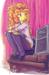 Size: 619x946 | Tagged: safe, artist:jowyb, derpibooru import, adagio dazzle, equestria girls, 2015, amplifier, clothes, female, fingerless gloves, gloves, microphone, old art, sitting, solo, speaker