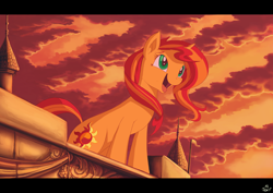 Size: 3508x2480 | Tagged: safe, artist:jowyb, derpibooru import, sunset shimmer, pony, unicorn, 2016, bacon hair, cute, female, high res, mare, old art, open mouth, rooftop, shimmerbetes, sitting, smiling, solo, sunset