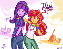 Size: 868x688 | Tagged: safe, artist:jowyb, derpibooru import, sunset shimmer, twilight sparkle, equestria girls, 2019, clothes, duo, female, guitar, jewelry, lesbian, microphone, musical instrument, necklace, old art, one eye closed, pants, peace sign, shipping, shirt, signature, smiling, speaker, sunsetsparkle, wink, wristband