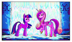 Size: 6423x3808 | Tagged: safe, artist:jowyb, derpibooru import, princess cadance, twilight sparkle, unicorn twilight, alicorn, pony, unicorn, comic:the princess of love, 2021, absurd resolution, duo, duo female, female, high res, old art, sisters-in-law, waterfall