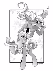 Size: 2800x3763 | Tagged: safe, artist:nekoshiei, derpibooru import, oc, oc only, oc:feather, oc:nicole, pegasus, unicorn, apron, cake, clothes, cup, female, food, lesbian, monochrome, oc x oc, one eye closed, shipping, smiling, tray, wink