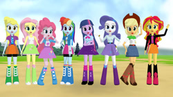 Size: 1192x670 | Tagged: safe, artist:mmddashie, derpibooru import, applejack, derpy hooves, fluttershy, pinkie pie, rainbow dash, rarity, sunset shimmer, twilight sparkle, equestria girls, 3d, belt, boots, bow, bowtie, clothes, cowboy boots, cowboy hat, hat, high heel boots, humane five, humane seven, humane six, jacket, leather jacket, pants, shirt, shoes, simple background, skirt, socks, transparent background, vest