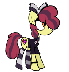 Size: 641x667 | Tagged: safe, artist:alandisc, derpibooru import, apple bloom, earth pony, pony, bow, bracelet, clothes, emo, emobloom, eyelashes, eyeliner, female, hair bow, jewelry, makeup, my chemical romance, older, older apple bloom, simple background, socks, solo, stockings, striped socks, tail, teenager, the cmc's cutie marks, thigh highs, three cheers for sweet revenge, two toned mane, two toned tail, white background