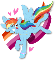 Size: 1280x1398 | Tagged: safe, artist:hazardous-andy, derpibooru import, rainbow dash, pegasus, pony, 2021, bracelet, face paint, female, flying, gritted teeth, headcanon, heart, jewelry, lesbian, lesbian dash, lesbian pride flag, lesbian symbol, looking at you, looking back, looking back at you, mare, mouthpiece, necklace, one eye closed, pride, pride flag, sexuality headcanon, simple background, solo, spread wings, teeth, transparent background, wings, wink