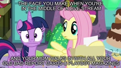 Size: 1280x720 | Tagged: safe, derpibooru import, edit, edited screencap, screencap, fluttershy, twilight sparkle, twilight sparkle (alicorn), alicorn, pegasus, pony, party pooped, caption, duo, female, image macro, livestream, looking at you, meme, playboy, relatable, text, this will end in grounding, uh oh