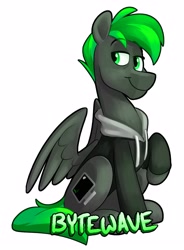 Size: 2241x3041 | Tagged: safe, artist:luximus17, derpibooru import, oc, oc only, oc:bytewave, pegasus, pony, 3/4 view, badge, bags under eyes, clothes, commission, con badge, eyebrows, eyebrows visible through hair, hoodie, lidded eyes, looking at you, pegasus oc, raised leg, simple background, sitting, smiling, smiling at you, smirk, solo, spread wings, white background, wings