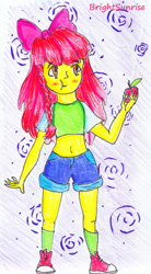 Size: 978x1776 | Tagged: safe, artist:brightsunrise, derpibooru import, apple bloom, equestria girls, apple, blushing, converse, eating, food, shoes, simple background, solo, traditional art, white background