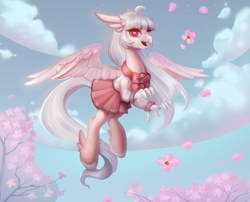 Size: 2475x2000 | Tagged: safe, artist:tinydd, derpibooru import, oc, oc only, oc:ophelia, hippogriff, cherry blossoms, clothes, flower, flower blossom, flying, open beak, open mouth, open smile, pastel, pink, school uniform, skirt, smiling, solo