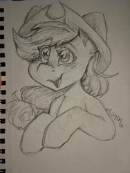 Size: 1536x2048 | Tagged: safe, artist:midnightpremiere, derpibooru import, applejack, earth pony, pony, grayscale, monochrome, open mouth, open smile, pencil drawing, smiling, solo, traditional art