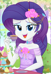 Size: 688x986 | Tagged: safe, artist:fluttershy_art.nurul, derpibooru import, rarity, equestria girls, beautiful, bracelet, chains, clothes, cup, cupcake, dress, ear piercing, earring, eyeshadow, flower, food, garden, gold, gown, jewelry, lady, looking at you, makeup, necklace, piercing, purple hair, rose, solo, tea party, teacup