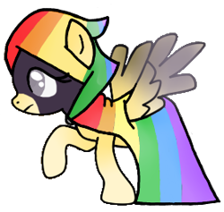 Size: 279x265 | Tagged: safe, artist:manglethemangledtoy, derpibooru import, edit, editor:pagiepoppie12345, fluttershy, pegasus, pony, cloak, clothes, crossover, female, frown, gray eyes, mare, rainbow, raised hoof, raised leg, recolor, scared, simple background, spread wings, transparent background, wings