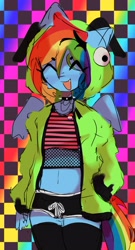 Size: 1508x2794 | Tagged: safe, artist:millie489, derpibooru import, rainbow dash, anthro, pegasus, ^^, ambiguous facial structure, antonymph, checkered background, choker, clothes, eyes closed, female, gir, hoodie, lesbian pride flag, midriff, open mouth, open smile, pride, pride flag, shorts, smiling, socks, solo, thigh highs