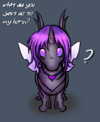 Size: 450x548 | Tagged: safe, artist:xxitachiuchihaloverxx, derpibooru import, oc, oc only, oc:buggy, changeling, changeling oc, dark background, female, gray background, insect wings, jewelry, kiss mark, lipstick, looking at you, necklace, perspective, purple changeling, question mark, shadow, simple background, spread wings, text, wings