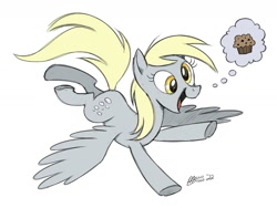 Size: 1600x1200 | Tagged: safe, artist:mellodillo, derpibooru import, derpy hooves, pegasus, pony, commission, cute, derpabetes, female, flying, happy, mare, open mouth, open smile, simple background, smiling, solo, spread wings, thought bubble, white background, wings