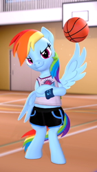 Size: 1080x1920 | Tagged: safe, artist:owlpirate, derpibooru import, rainbow dash, pegasus, pony, 3d, basketball, basketball court, bipedal, clothes, crossed hooves, jersey, looking at you, shorts, smiling, smiling at you, smirk, solo, source filmmaker, sports, wing hands, wings