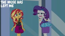 Size: 1280x720 | Tagged: safe, derpibooru import, edit, edited screencap, editor:quoterific, screencap, rarity, sunset shimmer, display of affection, equestria girls, equestria girls series, bracelet, clothes, cutie mark on clothes, duo, duo female, female, geode of empathy, hairpin, jewelry, leather, leather vest, magical geodes, necklace, open mouth, rarity peplum dress, text, vest