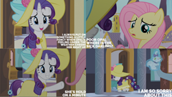 Size: 1280x720 | Tagged: safe, derpibooru import, edit, edited screencap, editor:quoterific, screencap, fluttershy, opalescence, rarity, pegasus, pony, unicorn, season 2, sweet and elite, female, grin, hat, magic, mare, open mouth, open smile, smiling, telekinesis, text, trio