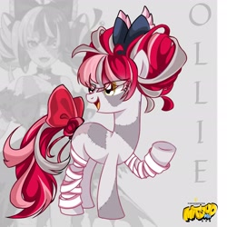 Size: 1772x1772 | Tagged: safe, artist:mitsuokun, derpibooru import, pony, undead, zombie, zombie pony, bandage, blank flank, bow, hair bow, heterochromia, hololive, kureji ollie, ponified, stitches, tail, tail bow