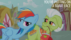 Size: 1280x720 | Tagged: safe, derpibooru import, edit, edited screencap, editor:quoterific, screencap, granny smith, rainbow dash, earth pony, pegasus, pony, season 2, the mysterious mare do well, duo, female, mare, mouth hold, smiling, text