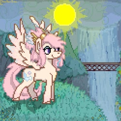 Size: 1001x1001 | Tagged: safe, artist:zhurkovivan, derpibooru import, oc, oc only, oc:marshmallow cloud, pegasus, pony, female, mare, pixel art, solo, sun, tree