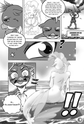 Size: 1500x2202 | Tagged: safe, artist:boastudio, derpibooru import, gallus, pinkie pie, silverstream, anthro, griffon, hippogriff, seapony (g4), comic:hooves & fins, ass, breasts, butt, clothes, cloud, comic, eyes closed, female, fins, fish tail, male, mare, monochrome, ocean, open mouth, pinkie pies, rock, seapony silverstream, sky, speech bubble, swimsuit, tail, water