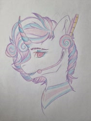 Size: 1620x2160 | Tagged: safe, artist:rainbow hole, derpibooru import, oc, oc only, oc:sweet bane, pony, headphones, headset, microphone, solo, traditional art