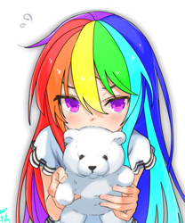 Size: 667x800 | Tagged: source needed, safe, artist:cz, derpibooru import, rainbow dash, human, anime style, blouse, blushing, eye clipping through hair, female, hiding, humanized, long hair, looking at you, plushie, purple eyes, signature, simple background, solo, sweat, sweatdrop, teddy bear, white background, wrong eye color