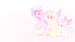 Size: 1366x768 | Tagged: safe, artist:dashiesparkle, artist:incognito-i, artist:synthrid, derpibooru import, edit, editor:computershits, fluttershy, princess cadance, sweetie belle, alicorn, pegasus, pony, unicorn, apple bloom's bow, bow, colored wings, crown, female, filly, foal, folded wings, gradient background, hair bow, hoof shoes, jewelry, mare, pink background, raised hoof, raised leg, regalia, shadow, simple background, smiling, sparkles, sparkly eyes, sparkly mane, spread wings, tiara, trio, wallpaper, wallpaper edit, wingding eyes, wings