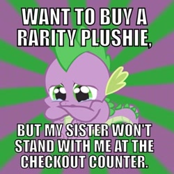 Size: 500x500 | Tagged: safe, derpibooru import, spike, dragon, artifact, brony, brony problems, caption, crying, curled up, fetal position, image macro, implied rarity, male, meme, plushie, sad, text