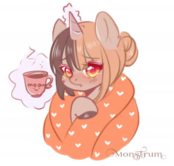 Size: 1952x1856 | Tagged: safe, artist:monstrum, derpibooru import, oc, oc only, oc:mia, pony, unicorn, blanket, coffee, coffee cup, cup, cute, glowing, glowing horn, horn, levitation, magic, ocbetes, red eyes, simple background, sketch, sleepy, solo, telekinesis, white background