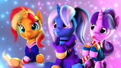 Size: 1476x830 | Tagged: safe, artist:nikosourcepone, derpibooru import, starlight glimmer, sunset shimmer, trixie, pony, unicorn, 3d, :p, alternate hairstyle, babysitter trixie, clothes, cute, diatrixes, female, females only, glimmerbetes, hoodie, horn, scarf, shimmerbetes, sitting, source filmmaker, striped scarf, tail, tongue, tongue out