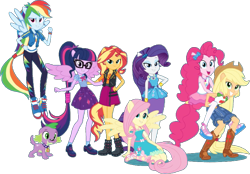 Size: 867x605 | Tagged: safe, artist:pascalmulokozi2, derpibooru import, edit, edited screencap, editor:pascalmulokozi2, screencap, applejack, fluttershy, pinkie pie, rainbow dash, rarity, sci-twi, spike, sunset shimmer, twilight sparkle, better together, equestria girls, background removed, ponied up, rarity peplum dress, simple background, transparent background